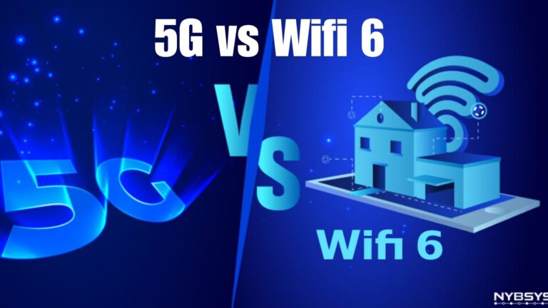 Comparison of 5G and Wi-Fi 6 with a blue digital background, highlighting key differences and benefits.