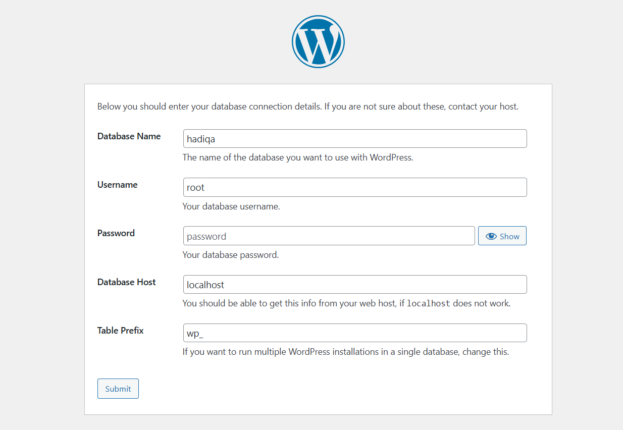 database setup page