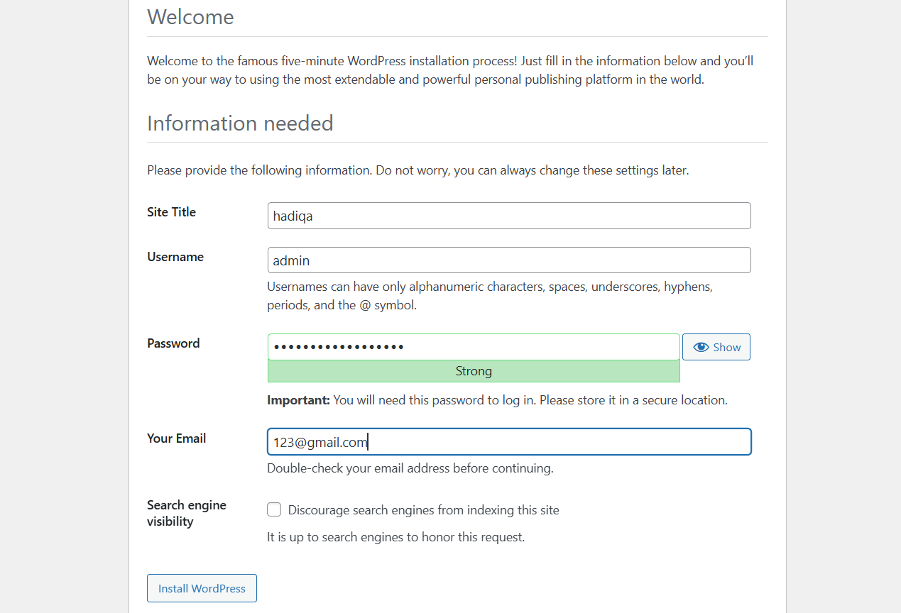 WordPress Information Form