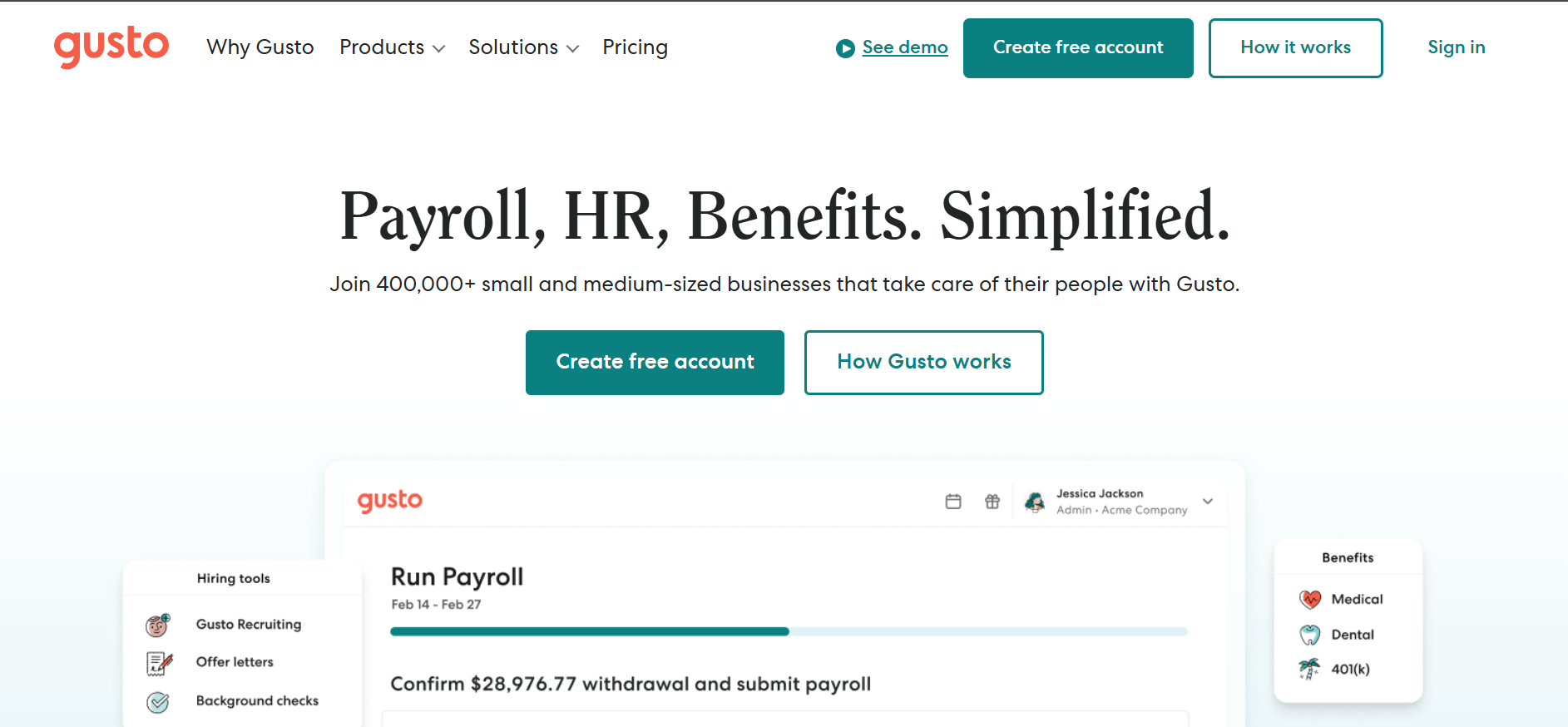 Gusto logo - Payroll, benefits, and HR for small businesses.