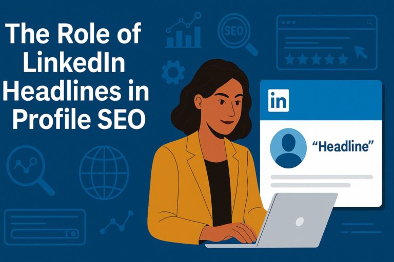Person optimizing LinkedIn profile headline with SEO keywords on a digital screen, surrounded by LinkedIn icons, graphs, and data visuals in a modern workspace.