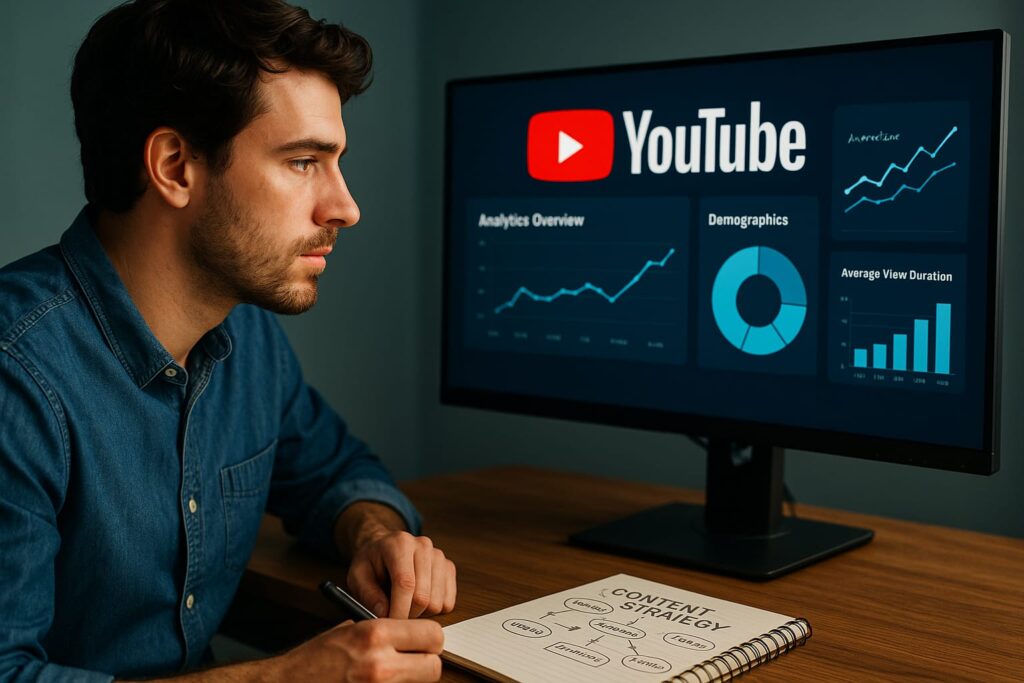A realistic digital creator studying analytics on a large monitor, surrounded by YouTube branding, graphs, and strategy notes.