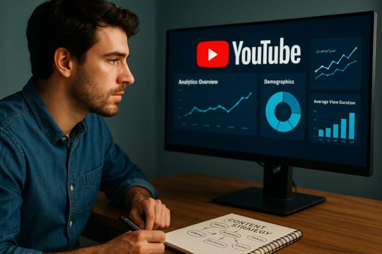 A realistic digital creator studying analytics on a large monitor, surrounded by YouTube branding, graphs, and strategy notes.