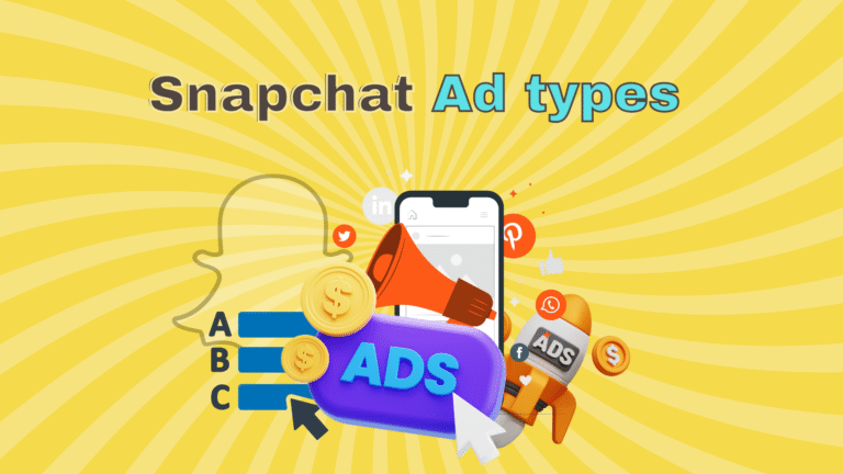 Illustration showing different types of Snapchat ad formats including Snap Ads, Story Ads, Collection Ads, and AR Lenses in action.