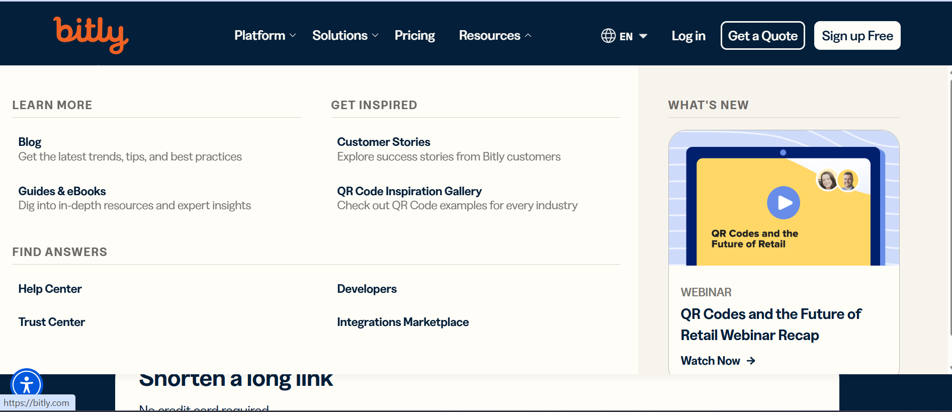 Bitly homepage for link shortening and tracking