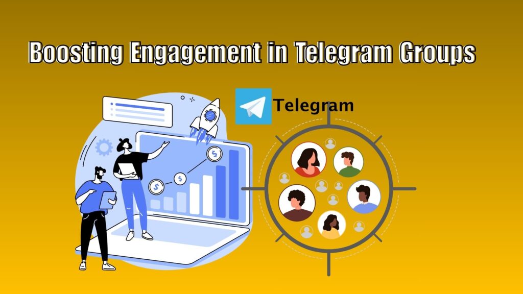 Concept illustration of an active Telegram group with members interacting, sharing posts, and engaging in lively discussions.