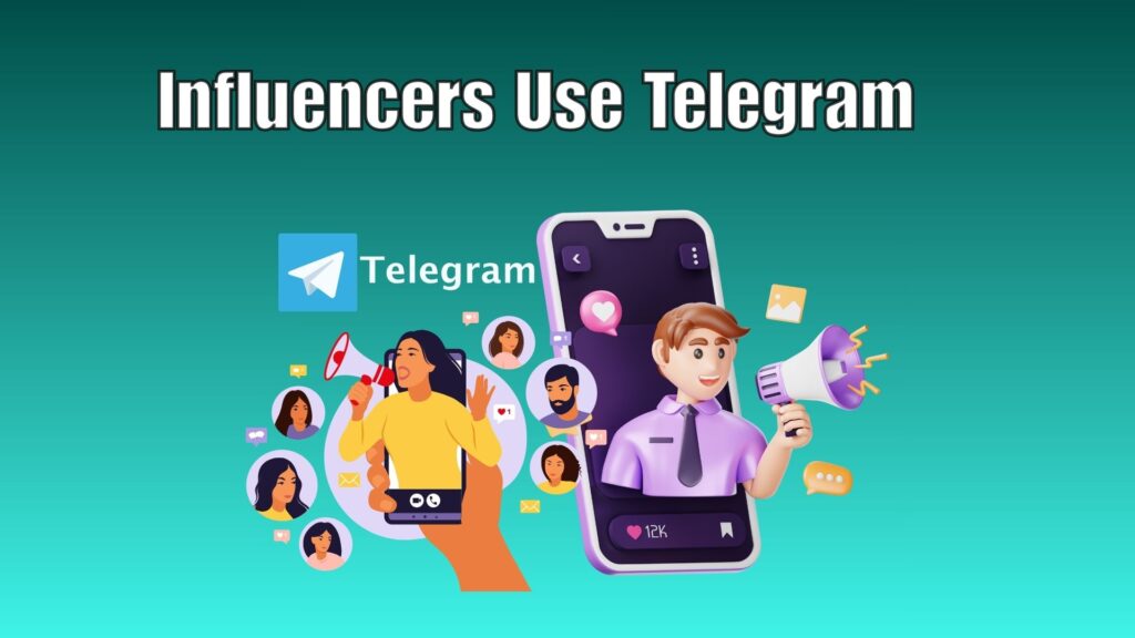 Concept illustration of influencers using Telegram channels and groups to promote brands, build communities, and share exclusive content