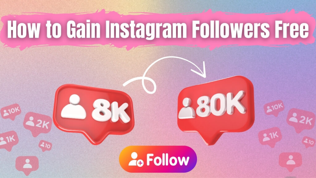 Graphic showing how to gain instagram followers free, wit icons displaying follower counts increasing from 8k to 80k, and a follow button in instagram gradient colors