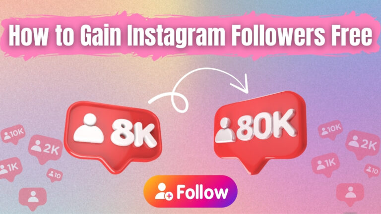Graphic showing how to gain instagram followers free, wit icons displaying follower counts increasing from 8k to 80k, and a follow button in instagram gradient colors
