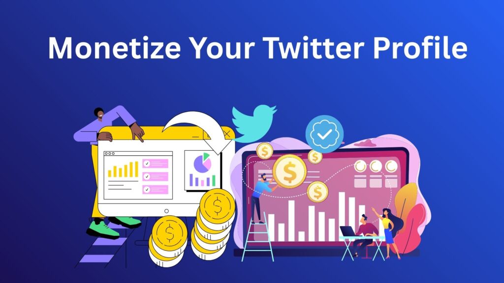 A digital marketer analyzing Twitter analytics on a laptop with dollar signs and Twitter/X icons representing ways to make money with Twitter/X.