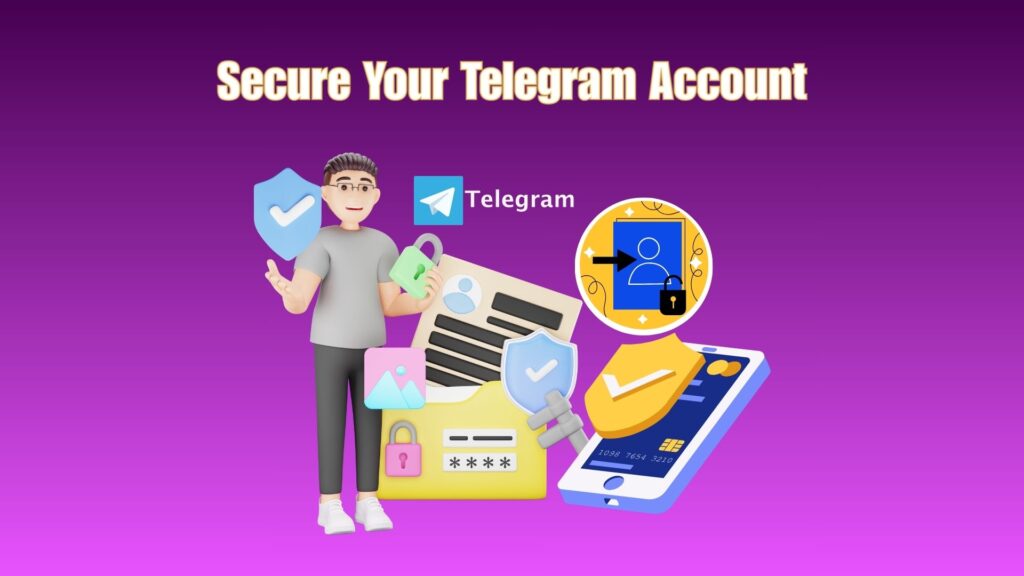 Illustration of secure Telegram account settings with two-factor authentication and privacy protection features.