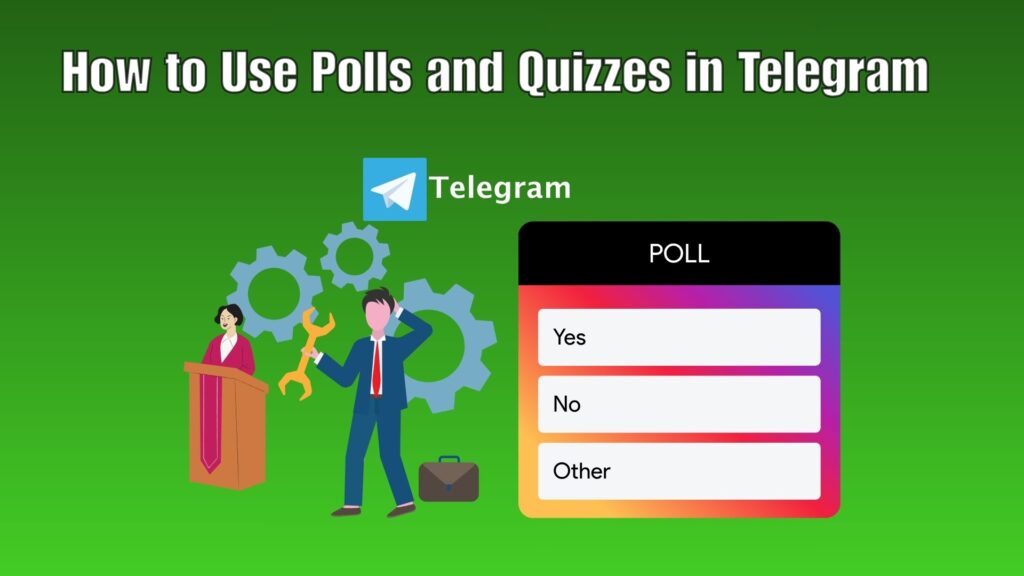 Illustration of Telegram users participating in interactive polls and quizzes, highlighting audience engagement and feedback collection.