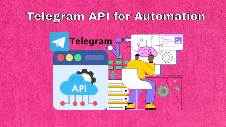 Illustration of Telegram bots and APIs automating messaging tasks on a digital interface.