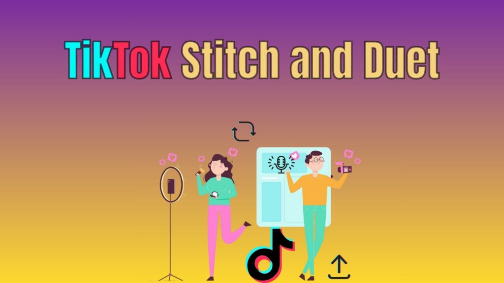 Conceptual illustration showing TikTok Stitch and Duet features being used as collaborative content methods for creators and brands to engage audiences.