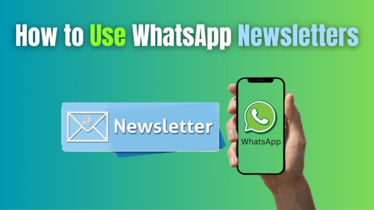 How to use WhatsApp newsletters – illustration showing email newsletter icon and WhatsApp app on smartphone.