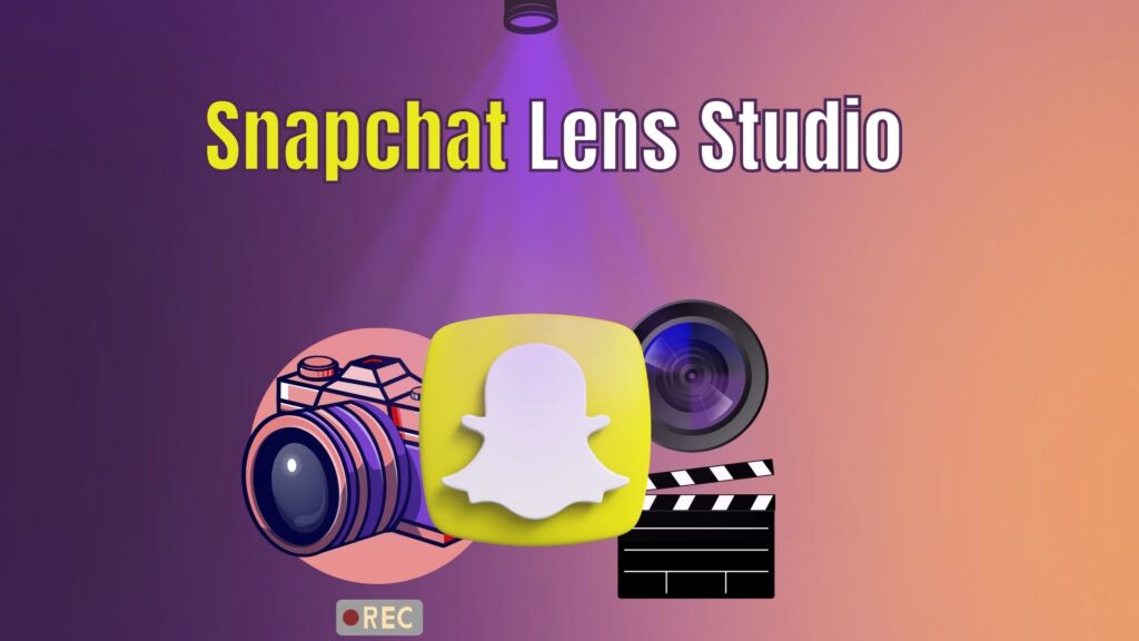 Concept illustration of creating augmented reality lenses in Snapchat Lens Studio, showing digital design tools and interactive effects.