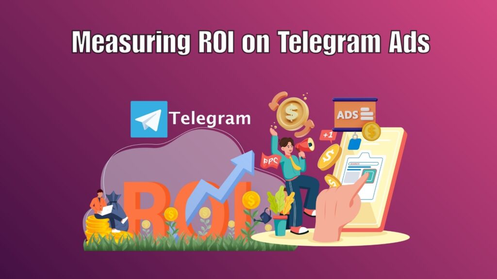 Illustration showing marketers analyzing Telegram ad performance through charts, ROI calculations, and engagement metrics.