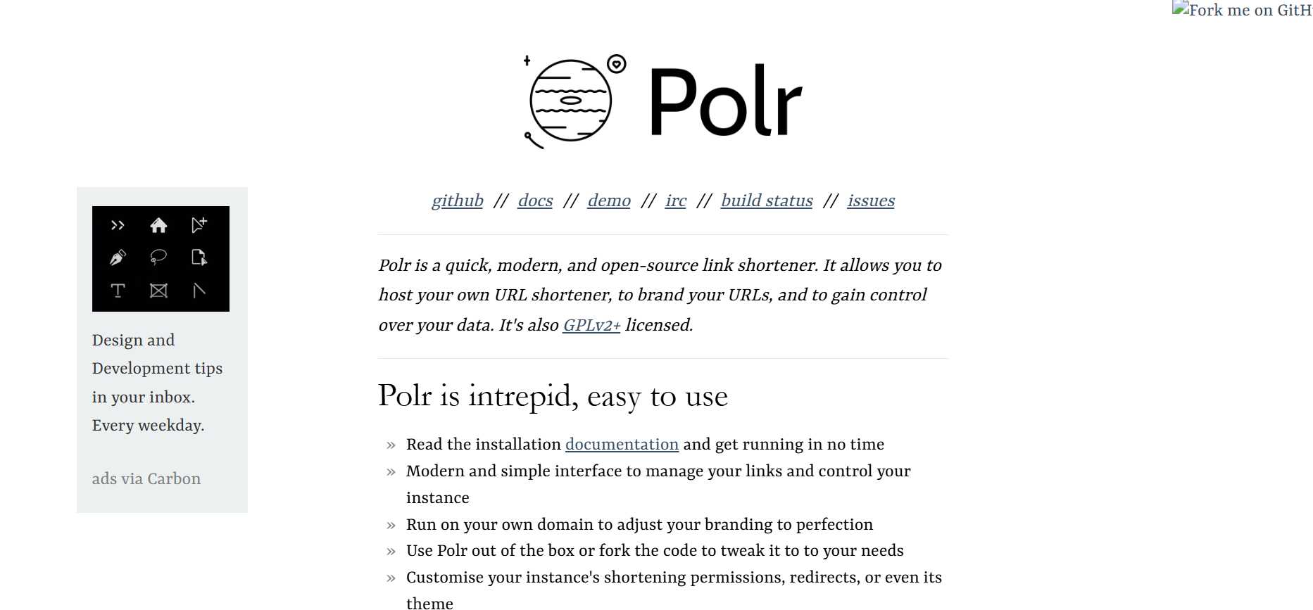 Polr homepage for open-source link shortening