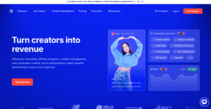 Upfluence logo" or a description of the main image on the homepage, such as "An influencer marketing dashboard showing data and analytics.