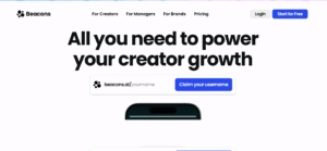 Beacons dashboard displaying creator tools and link-in-bio landing page design.