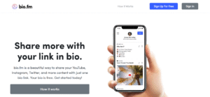Bio.fm interface showing block-based content hub with links, videos, and social media.