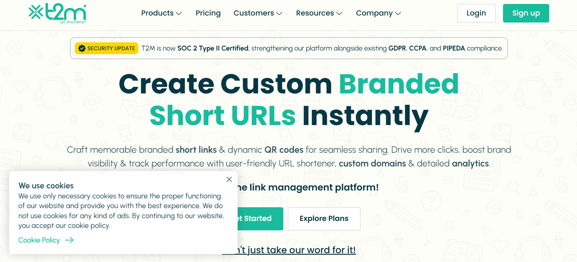 T2M homepage for link tracking and analytics