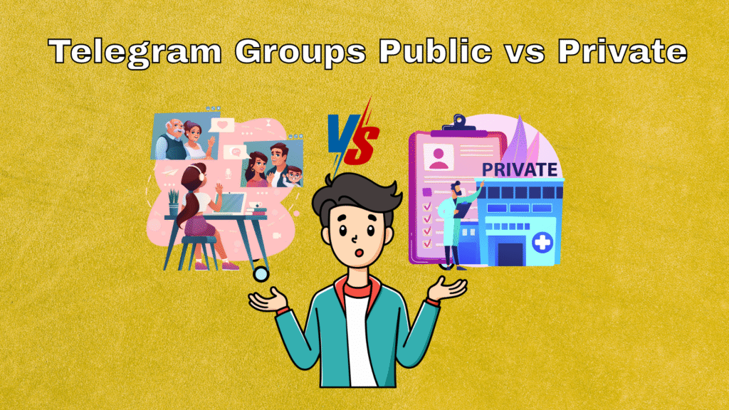 Illustration showing the difference between public and private Telegram groups with icons of a lock, chat bubbles, and a group of users.