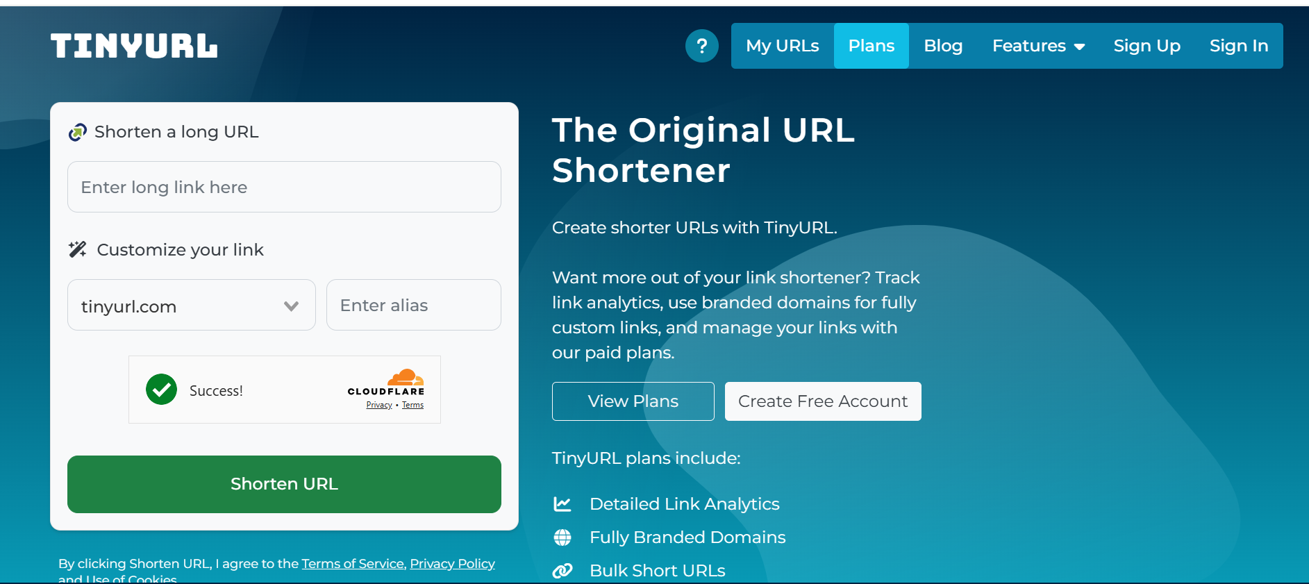 TinyURL homepage for simple link shortening