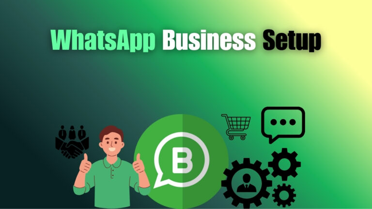 WhatsApp Business Setup illustration showing app logo, business icons, and features like messaging, shopping cart, and customer management.