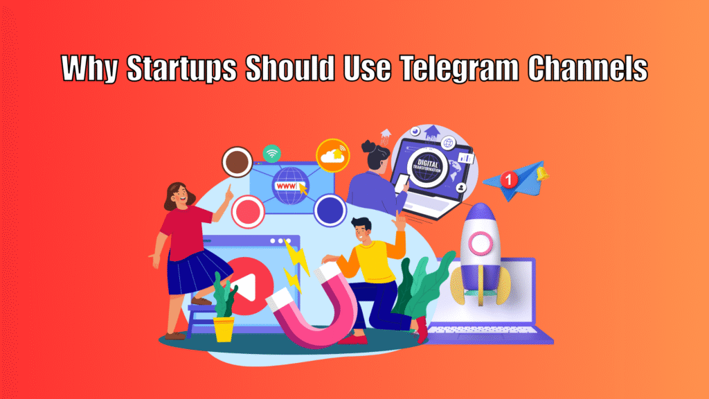 Graphic showing a startup team managing a Telegram channel with notifications, analytics, and subscriber growth charts.