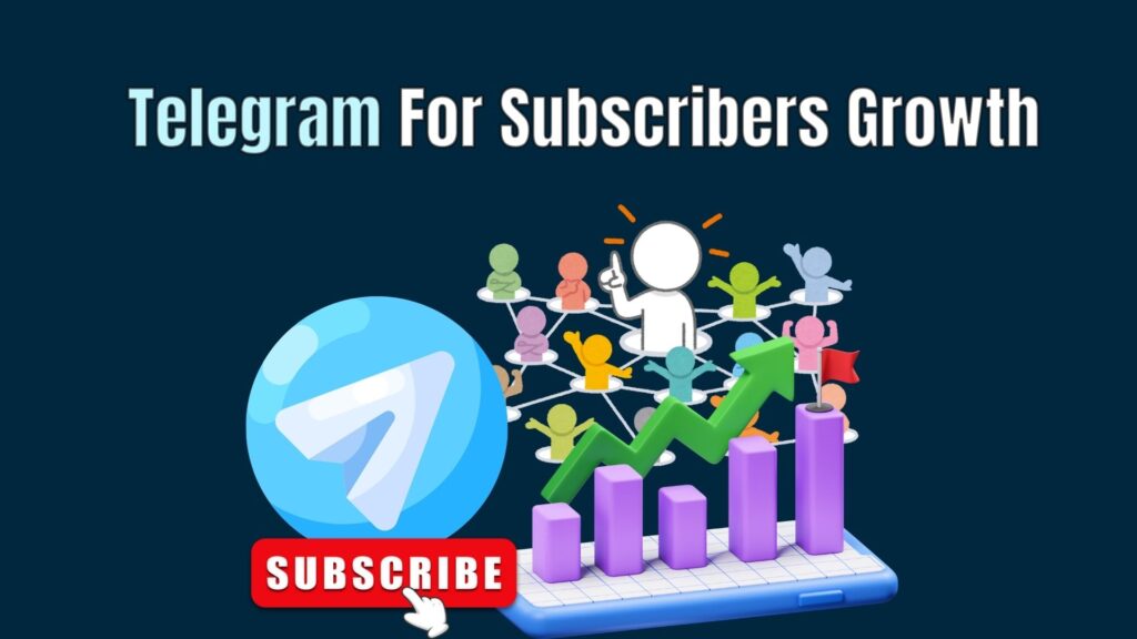 Illustration of a Telegram channel being created and promoted, showing content posts, subscriber growth, and engagement features.