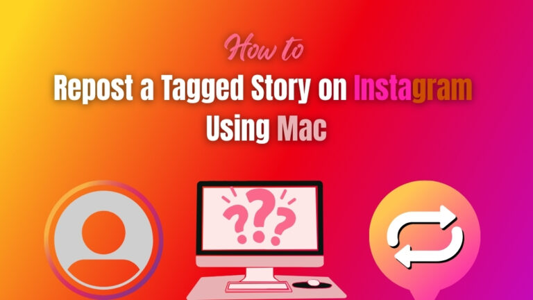 Guide on how to repost a tagged Instagram story using Mac with icons of user, computer, and repost symbol.