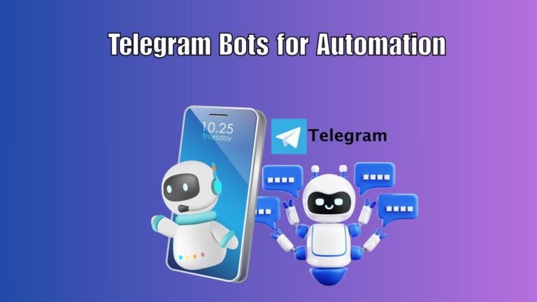 "Illustration of a smartphone screen with Telegram app showing automation icons like gears, chat bubbles, and robots."