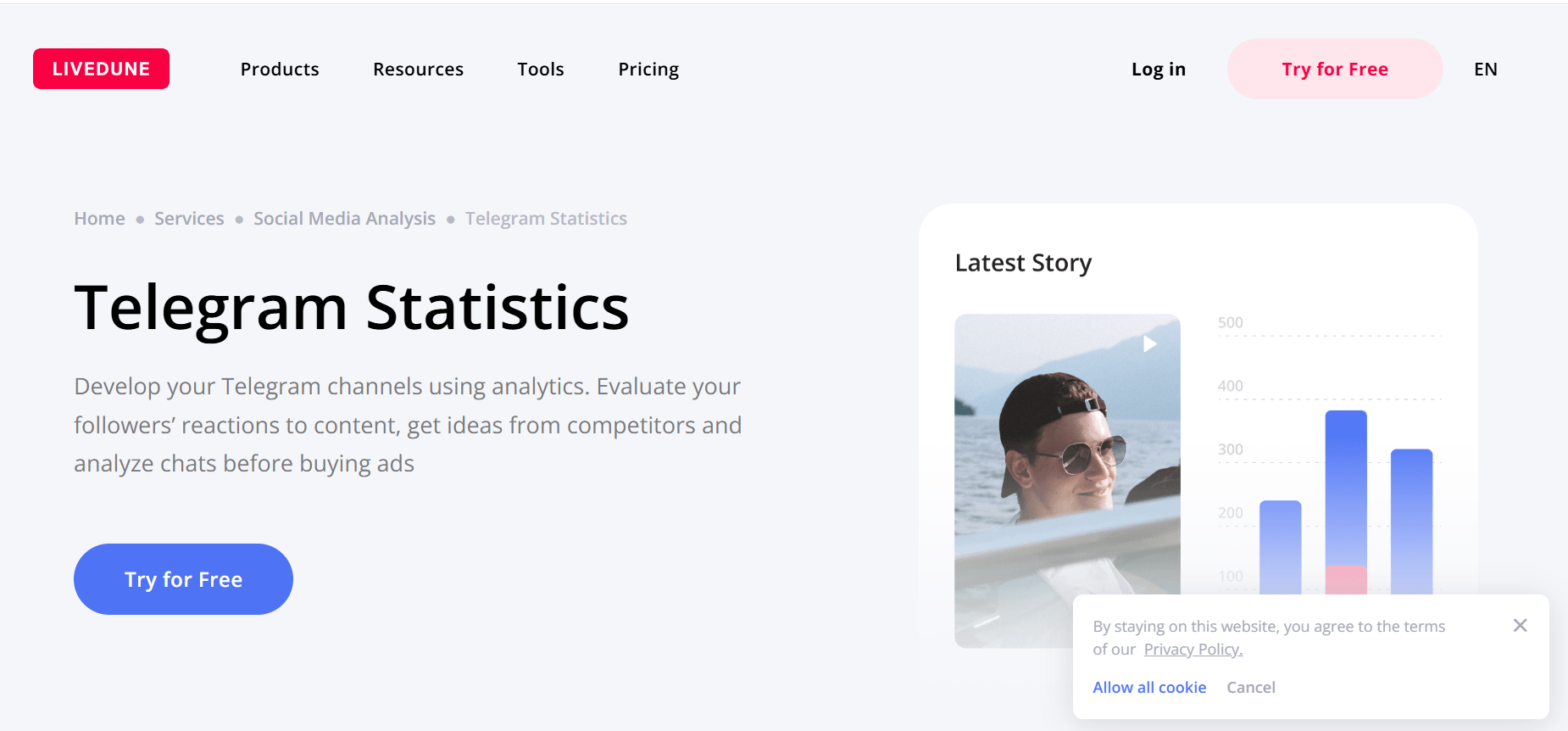 LiveDune Telegram analytics platform highlighting channel statistics and performance insights