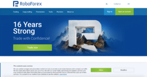 Graphic of RoboForex affiliate program highlighting advanced tracking and marketing tools.