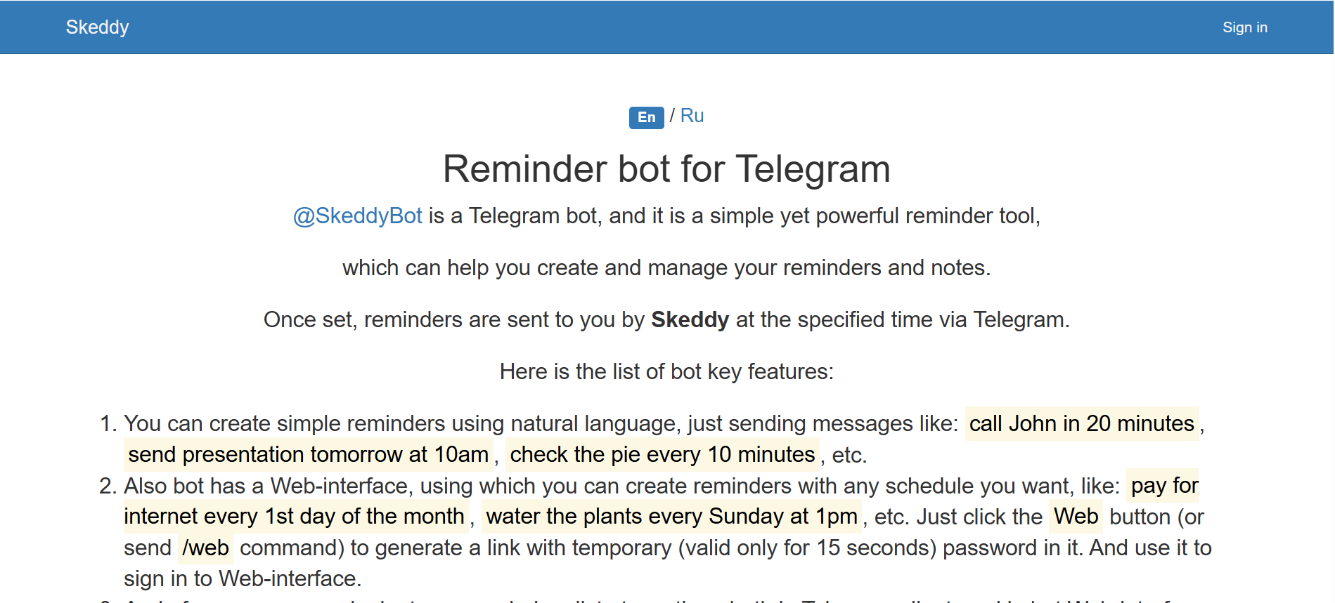 Skeddy Telegram bot interface for reminders and scheduling tasks within personal and group chats.