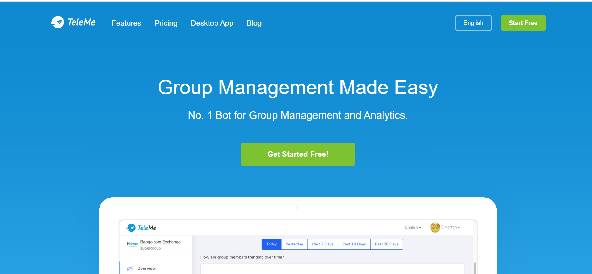 TeleMe.io homepage showing group analytics and insights dashboard for Telegram communities with charts, metrics, and management tools.