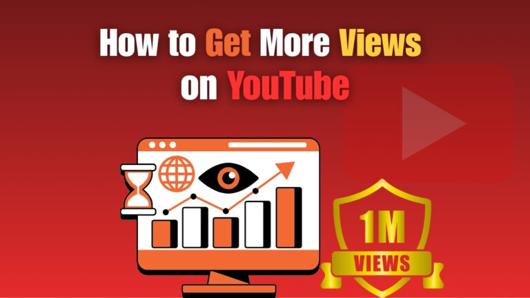 Illustration showing a computer screen with growth charts, an eye icon, and upward arrows, with the text “Tips on How to Get More Views on YouTube” and a golden badge highlighting “1M views.