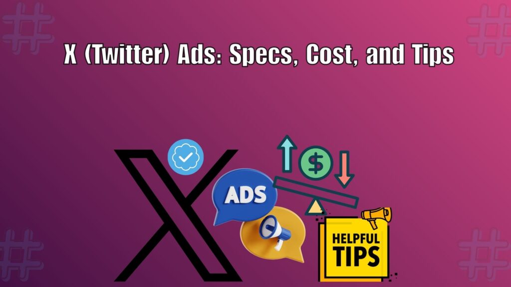 Illustration of X (Twitter) Ads dashboard showing ad formats, specifications, and cost details for effective social media advertising.