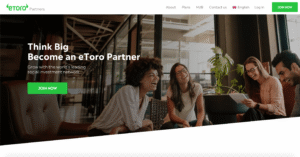 Illustration of eToro Partners affiliate program highlighting social trading and high CPA payouts.