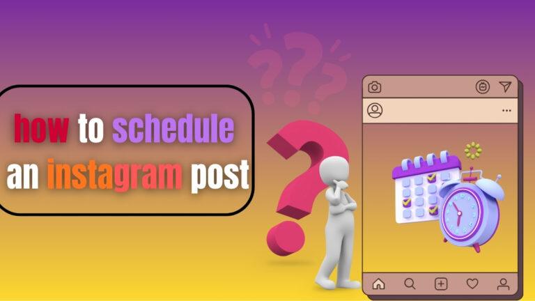 Graphic showing a calendar and clock inside an Instagram post layout with the text 'how to schedule an Instagram post' on a gradient background, representing free Instagram scheduling tools.