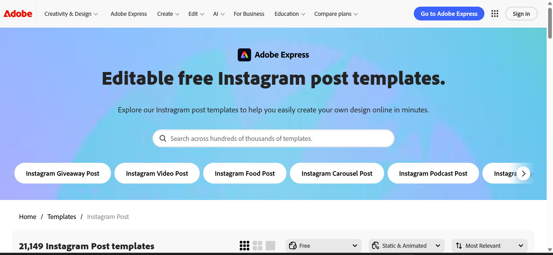 Adobe Express Instagram post templates offering modern and professional designs.
