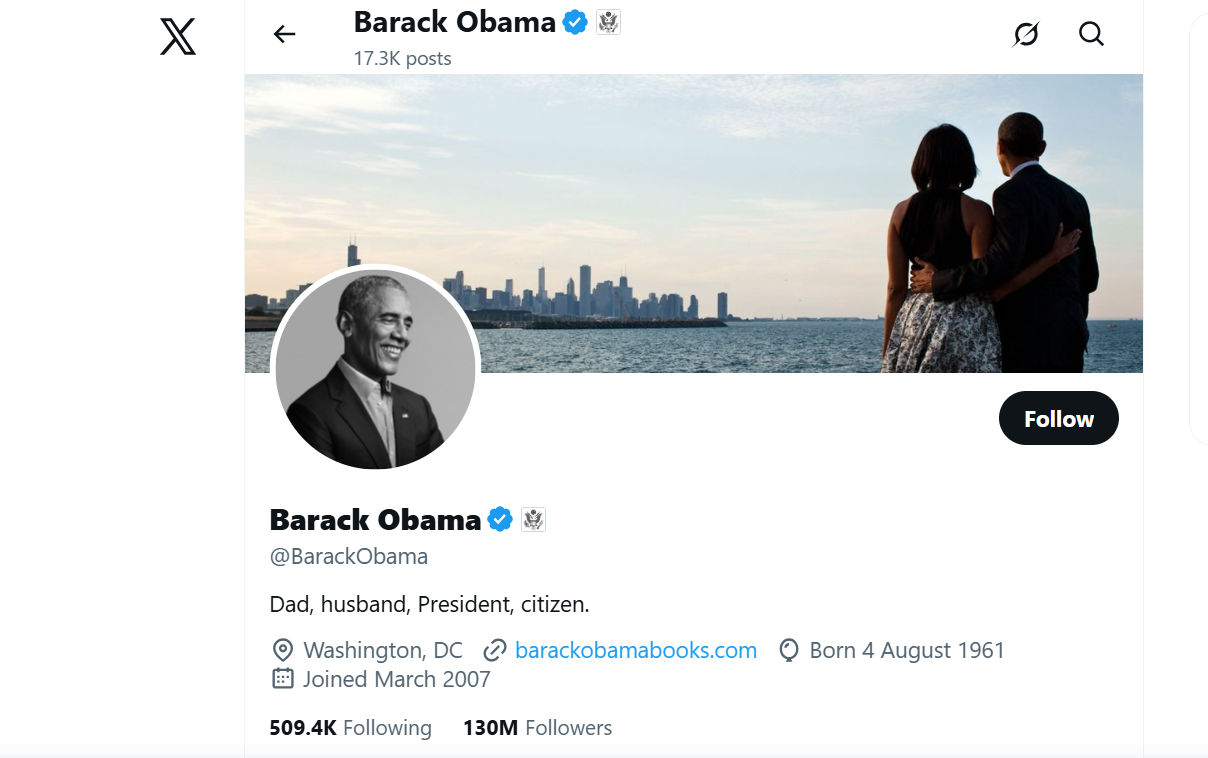 Barack Obama verified Twitter profile with tweets and follower details.