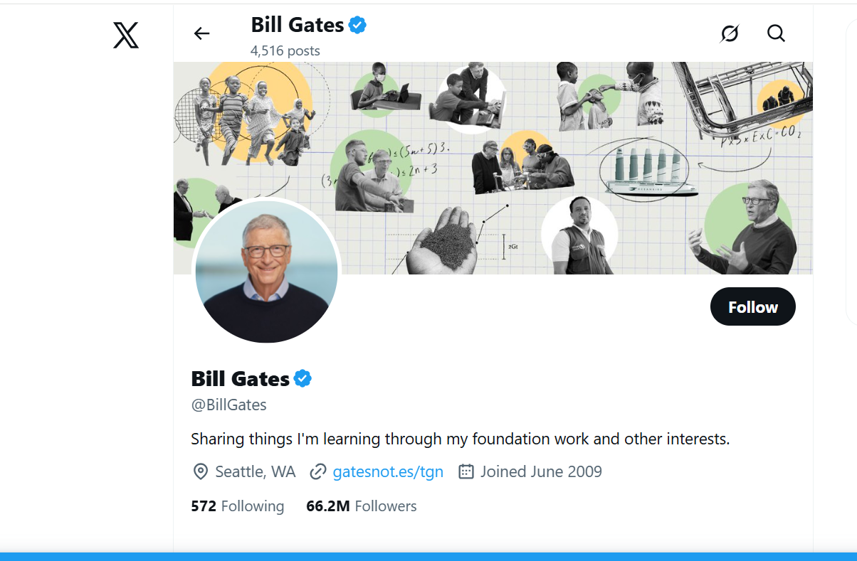 Bill Gates Twitter account showing philanthropy, tech, and global updates.