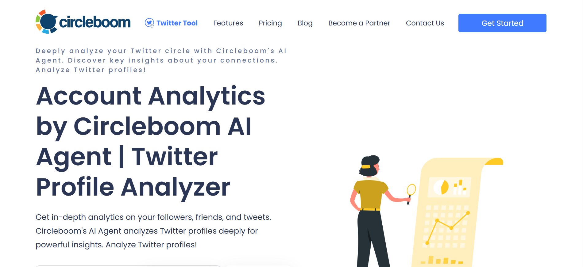 Circleboom homepage with features for Twitter follower management and engagement analytics.