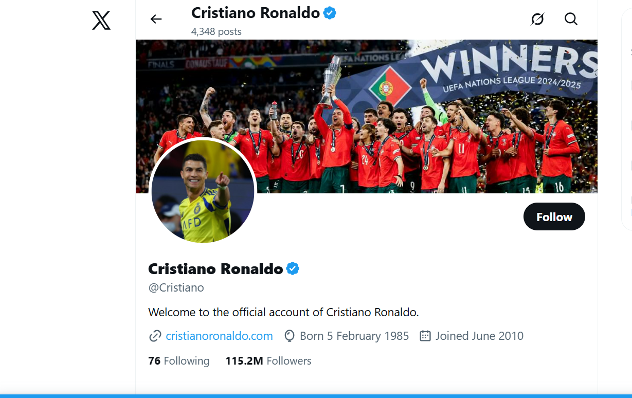 Cristiano Ronaldo official Twitter account featuring sports updates and posts.