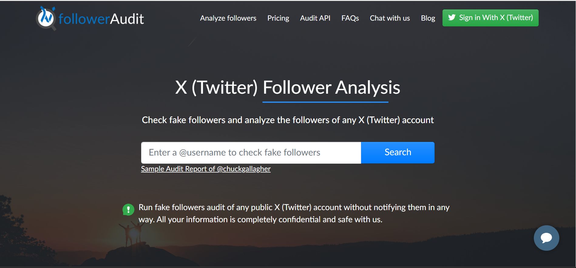 Screenshot of FollowerAudit homepage showing Twitter follower analytics and fake follower detection tool.