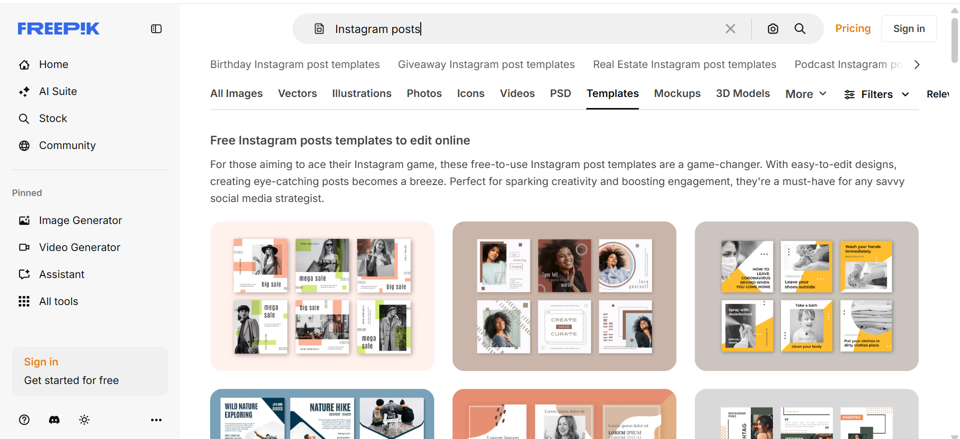 Freepik Instagram template library featuring editable post designs.