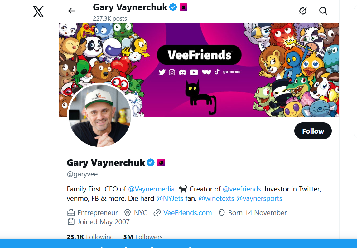 Gary Vaynerchuk Twitter profile with business, marketing, and motivational posts.