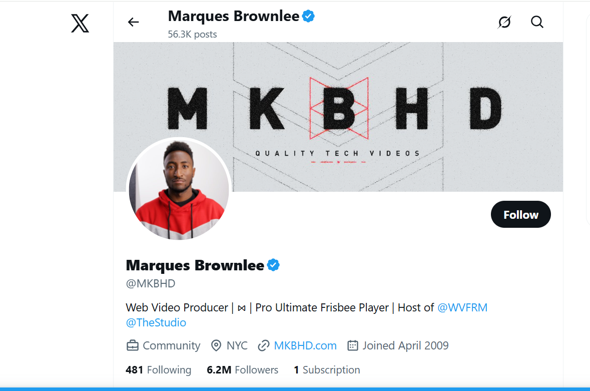 Marques Brownlee official Twitter account highlighting tech reviews and videos.